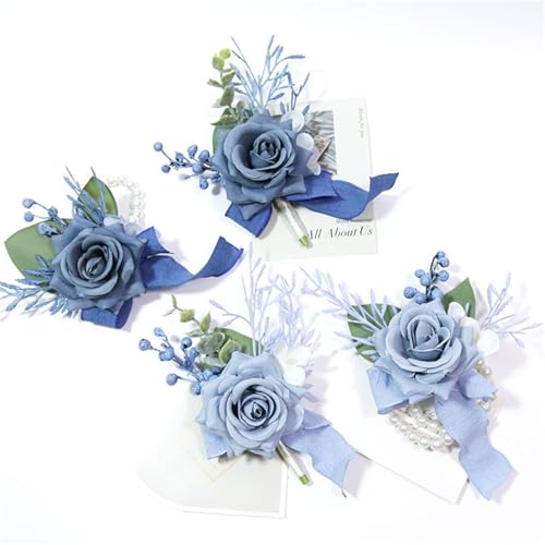 Corsage and Boutonniere Set, Light Blue Rose Wrist Corsage Wristlet Band Bracelet and Groomsmen Groom Men Boutonniere Set for Wedding Flower Accessories Prom Suit Decorations - color: Light Blue