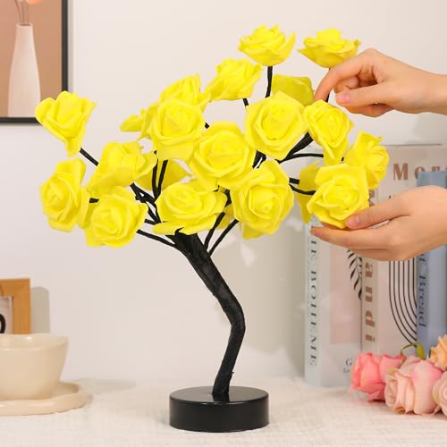Drawelry Rose Flower Tree Lamp - LED Rose Tree Table Lamp USB/Battery Powered Artificial Bonsai Flower Night Light for Bedroom Living Room Party Wedding Birthday Decor (Yellow) - color: Yellow
