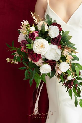 Ling's moment Burgundy Bridal Bouquet Cascading, Marsala Wedding Bouquets for Bride, 15 Inch Bride Bouquets for Wedding Artificial Flowers Bouquets - color: Burgundy, Blush, size: Medium 15 Inch