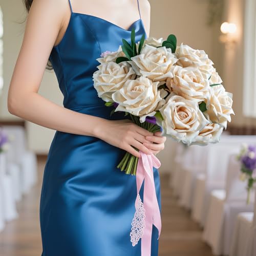 Ttranewsoo Fake Roses Faux Flowers 12PCS Silk Roses Artificial Roses with Stems Realistic Artificial Flowers Suitable for Indoor Home Decoration DIY Bouquet Wedding Decor Party Decor 16.5In (White) - color: White 12pcs