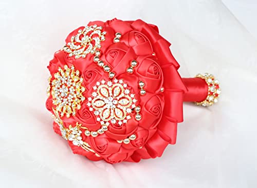 Red Bridal Wedding Bouquet Luxury Gold Rhinestone Brooch Bouquet for Bride Bridesmaid Quinceanera Satin Red Rose Artificial Flower Bouquet Wedding Red 7.1in,Bouquet3218G-Red18 - color: Red, size: Diameter: 7.1 inches