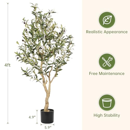Realead Faux Olive Tree 4ft - Realistic Indoor Olive Tree Plants - Fake Olive Tree with Thick Trunk and Lifelike Fruits - Artificial Olive Trees for Modern Home Office Decor Indoor - size: 4ft