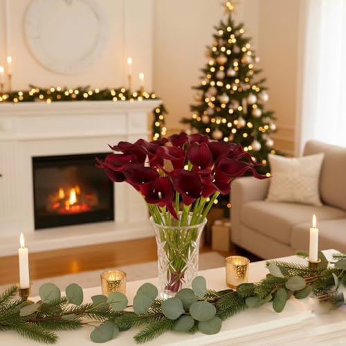 Floral Kingdom 20 Pack 14" Calla Lily Artificial Flowers – Real Touch Burgundy Latex Flowers for Home Decor Tabletop Centerpieces Living Room & Weddings - color: Burgundy