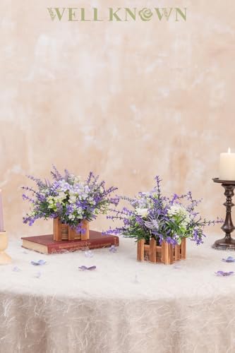 WELL KNOWN Artificial Lavender Plants in Wooden Baskets, Artificial Mini White Flower Arrangement in Planter for Home Hotel Office Table Wedding Centerpieces & Gift(Set of 2) - color: Lavender