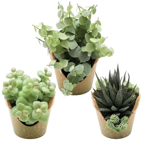 3 Pack Artificial Succulent Plants, Small Potted Fake Plants, Artificial Eucalyptus Leaf Aloe Vera Plants, for Home Decor, Farmhouse Bathroom Office Decor