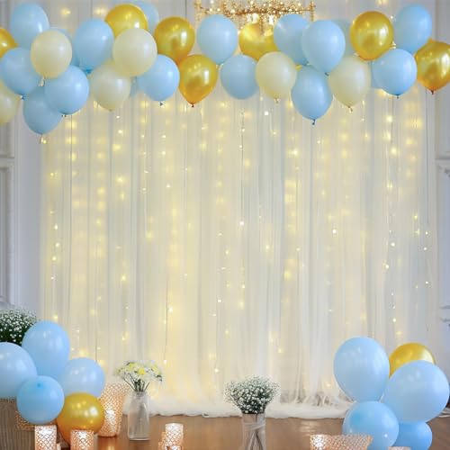 10ft x 8ft Ivory Backdrop Curtain with Lights String for Parties, Sheer Tulle Wedding Photo Backdrops Drapes for Baby Shower Birthday Party Decorations Background for Photography - color: Ivory, size: W5' x H8'(2 panels)
