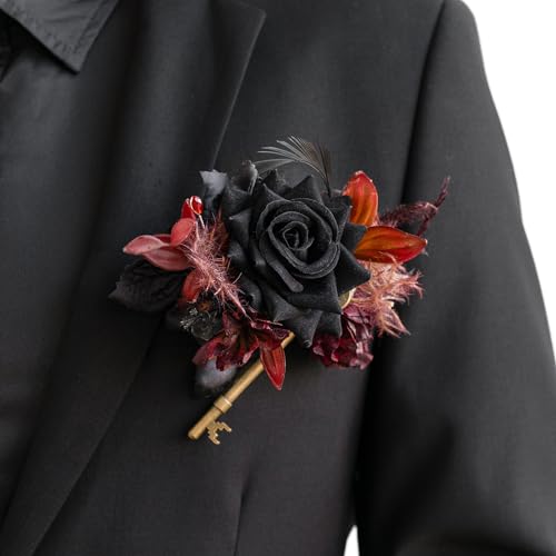 Ling's moment Pocket Boutonniere Single, Boutonniere for Men Groom for Wedding, Prom, Homecoming, Anniversary, Graduation, etc.Black Gothic Burgundy, 6" W x 5" H - color: Blk-black & Gothic Burgundy, size: 6" W x 5" H