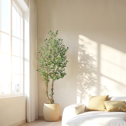 HZXGCP Olive Tree 5ft, Artificial Olive Tree with White Pot, Fake Tree with 1152 Dense Leaves & 64 High-Simulated Olive Fruits - Easy Assembly, Low Maintenance (Olive Tree 5ft) - color: Olive Tree 5ft