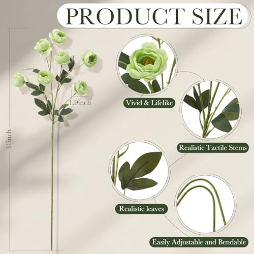 6 Pcs 32" Large Green Artificial Peonies Stems Flowers, Real Look Faux Silk Peony Bouquet 42 Heads Total for Vase Filler, Farmhouse Rustic Neutral Home Decor, Wedding Centerpieces - color: Green