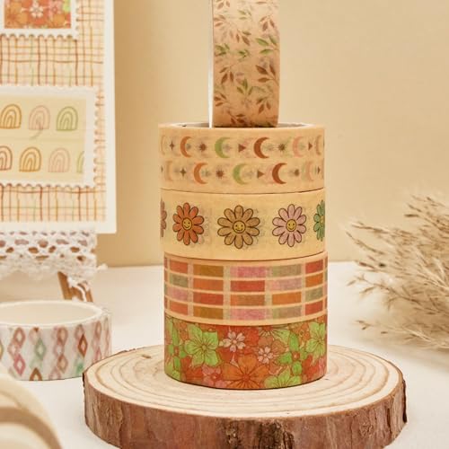 Boho Washi Tape Set 10 Rolls Cute Masking Graphic Floral Pattern Decorative Tapes for Arts, DIY Crafts, Journals, Planners, Scrapbook, Wrapping (Colors) - color: Colors