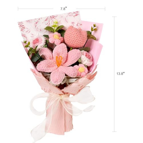 Crochet Flowers Bouquet - Handmade Tulips Roses Daisies Knitted Flowers for Mother's Day Wedding Anniversary Birthday Teacher Appreciation Gifts Home Decor Pink - color: Pink