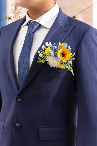 TINGE TIME Sunflower Boutonniere for Men Wedding,Groom and Pocket Boutonniere for Wedding, Prom, Homecoming, Anniversary, Graduation, Christmas Dinner - color: Sunflower&royalblue