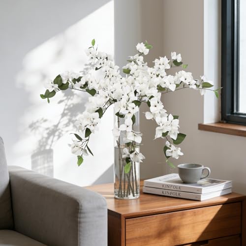 Faux Bougainvillea 8 PCS Realistic White Artificial Bougainvillea Silk Flowers 29.9" Long Stem Flowers for Tall Vase Home Wedding Centerepieces Decor (White) - color: White