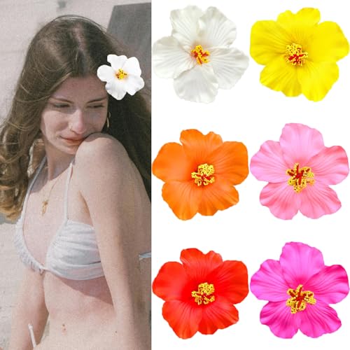 6Pcs Hawaiian Flower Hair Clips for Women,Plumeria Hair Clips Hibiscus Hair Barrettes, 3.5 Inch Boho Artificial Flower Clips, Cute Hair Accessories for Women Girls Summer Vacation Beach Party - color: Hawaiian Style Color A:Orange, Pink, Red, White, Yello