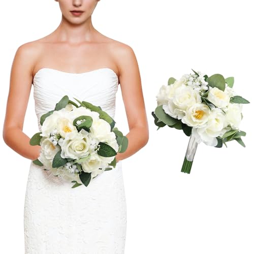 Wedding Bouquets for Bride, 11 Inch Bridesmaids Bouquets Artificial Flower Bouquets for Wedding Ceremony Bridal Shower Decorations - White - color: Ivory White