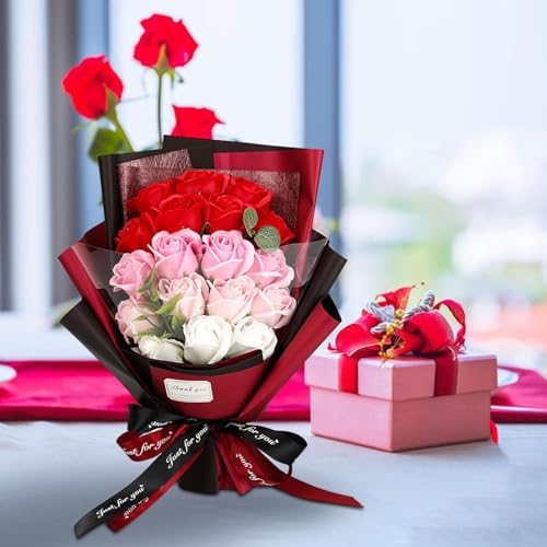 Roses Bouquet Artificial Flower - Preserved Red Rose Flowers with Love Necklace for Her Unique Gift for Birthday, Valentine's Day, Mother's Day, Thanksgiving, Christmas, Anniversary (Pink and Red) - color: Pink and Red