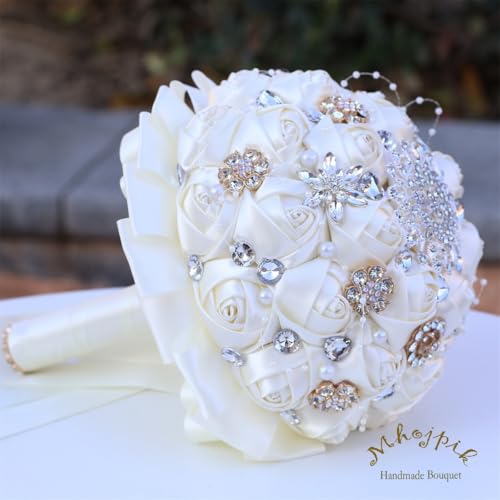 7.5" Ivory Bridal Wedding Bouquet Round Holding Bouquet Throw Toss Artificial Rose Flower Bunch for Bride Bridesmaid Wedding Quinceanera - color: Ivory, size: Small (Dia. 7.5"/19cm)