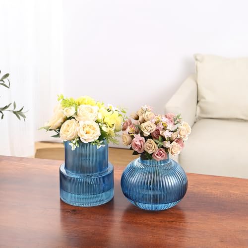 Ribbed Glass Vases, Set of 2 Fluted Vases for Flowers, Blue Glass Vase for Tulips, Modern Vase for Living Room, Kitchen, Office, Entryway, Mantle, Bookshelf, Wedding Gifts, Birthday - color: Blue, size: Ribbed + Round (2-Pack)