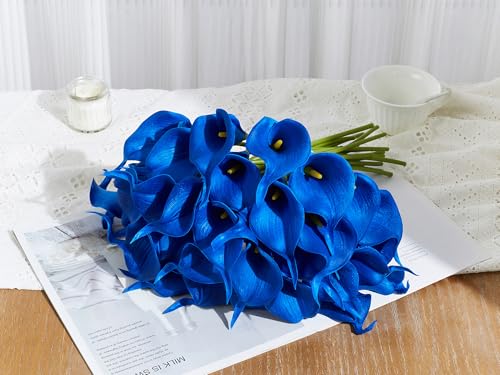 24 Pcs Blue Artificial Calla Lily Flowers Fake Blue Silk Flowers Real Touch for Wedding Bouquet Office Home Kitchen Decor - color: Blue