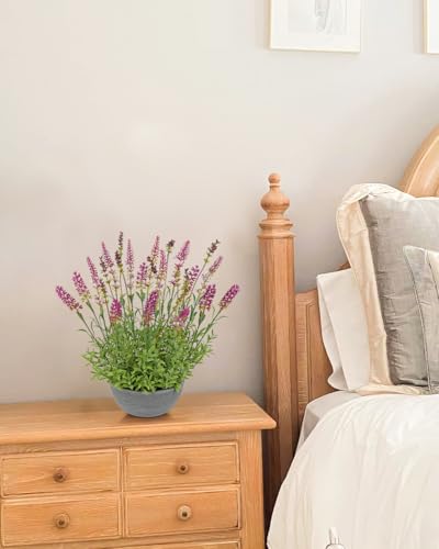 Artificial Lavender Flowers with Cement Pot - 12.9" Fake Lavender Flower Rustic Arrangement Purple-Red Artificial Potted Faux Plants for Indoor Farmhouse Table Wedding Centerpieces Office Home Decor - color: Purple-red