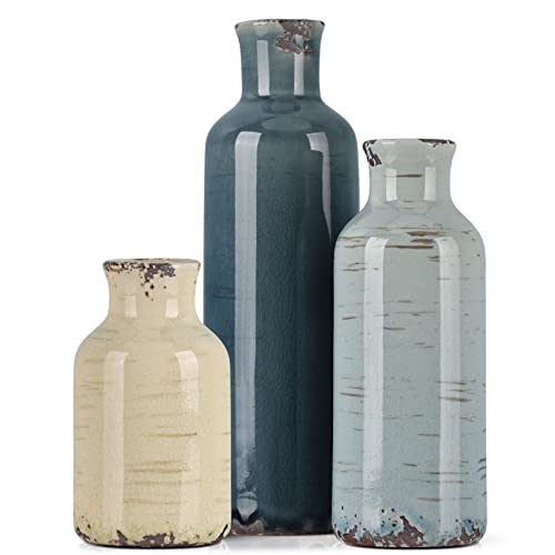 Multicolor Ceramic Vase Set of 3 - Coastal Rustic Farmhouse Decor Flower Vases for Shelf, Dining Room Table, Fireplace Mantel, Living Room, Coffee Table, Tabletop, Kitchen Cabinet, Entryway Decoration - color: Blue Grey Beige