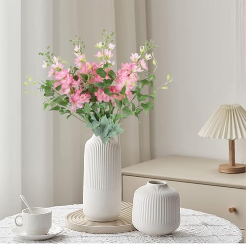 8PCS Pink Artificial Delphinium Flowers with Clematis Greenery Long Stem Artificial Flowers for Tall Vase for Home Wedding Floral Arrangement Centerpiece Table Decor (Pink) - color: Light Pink