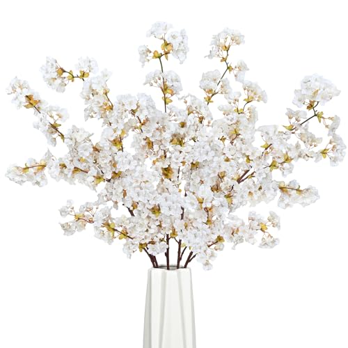 Sunm Boutique Silk Cherry Blossom Branches, Artificial Cherry Blossom Tree Stems Faux Cherry Flowers Vase Arrangements for Wedding Home Decor, Set of 5 - color: White, size: Pack of 5