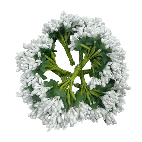 Rikyo Artificial Mini White Flower Stamen Pistil, 144pcs, 20mm | Soft Stem,Tiny Berry for Make Bridal Hair Clips,Cake Top,Wrist Corsage Boutonniere,Candle Rings Wreath Bracelet Flower - color: White