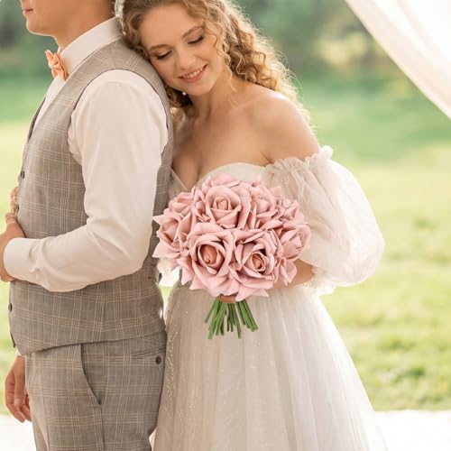 IPOPU Dusty Brown Roses Artificial Flowers,2 Bouquets Realistic Fake Roses Real Touch Faux Roses with Stems for Wedding Home Party Table Centerpieces Decoration (Dusty Brown) - color: Dusty Brown