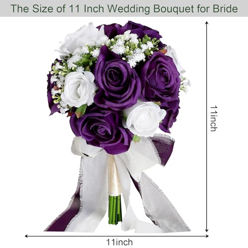 Wedding Bouquet for Bride - Premade Simple Artificial Roses Flowers for Bridal Shower Destination Ceremony Anniversary Decorations - Deep Purple & White - color: Deep Purple & White