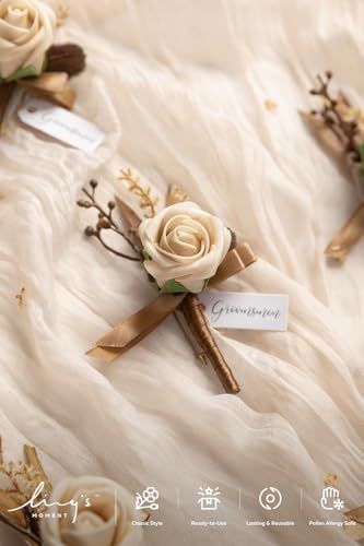 Ling's moment Boutonniere for Men, 6pcs Groom Groomsmen Boutonniere, Artificial Flowers for Wedding Decor/Prom/Homecoming, etc.Brown Beige White - color: Brn-brown Beige & White
