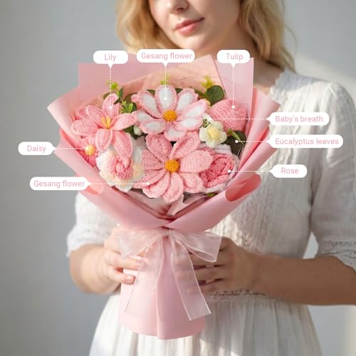 Crochet Flower Bouquet, Pink Handmade Knitted Flowers with Lights & Vase, Crochet Tulips Galsang Liliy Rose Daisy Flower for Mothers Day Graduation Wedding Lover Teacher Anniversary Birthday Gifts - color: Pink