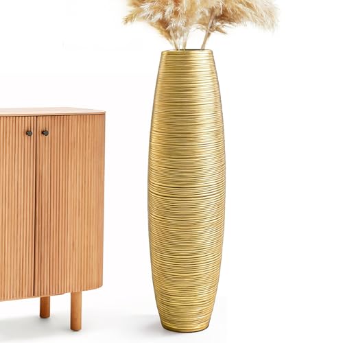 Large Floor Vase 35.4" Gloss Gold, Resin Wide-Body Vase with Horizontal Ribbed Texture for Dried Pampas Grass Branches, Modern Home Decor for Living Room Corner Entryway - color: Gold, size: 35.43 in