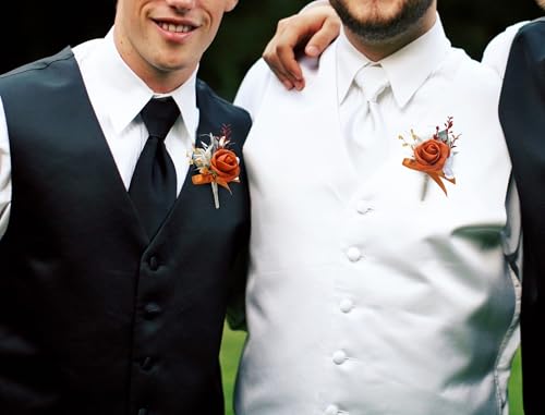 Marriwise 6pcs Rose Boutonniere for Men, Artificial Flowers Wedding Groom Groomsmen Boutonniere for Wedding/Anniversary/Prom/Rustic Wedding/Homecoming (Burnt Orange) - color: Burnt Orange
