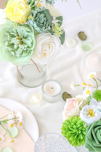 Artificial Flowers, White Green Fake Silk Flower, Silk Flowers with Stems, Wedding Cake Flowers for DIY Wedding Bridal Bouquets Centerpieces Decor - color: Green & White