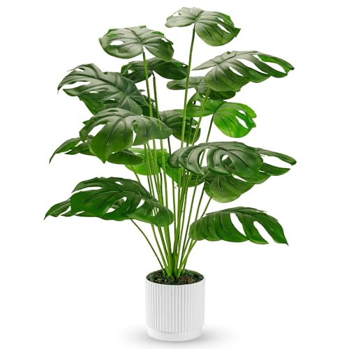 Der Rose 28" Fake Plants Large Artificial Monstera Faux Potted Plants Indoor Tall for Outdoor Living Room House Floor Front Porch Tree Decor - size: 28"-WHITE
