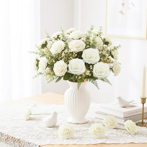 Artificial Flowers, 25pcs Real Looking Ivory White Foam Fake Roses with Stems for DIY Wedding Bouquets White Bridal Shower Centerpieces, Faux Rose for Floral Arrangements Table Decorations - color: Ivory White