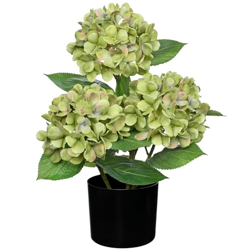 Hollyone Green Hydrangea Artificial Flowers Plant Potted 19.7" Faux Silk Hydrangea Flower Tree Arrangements for Home Bathroom Office Table Centerpiece Shelf Decorations - color: Green, size: 3 Head Hydrangea