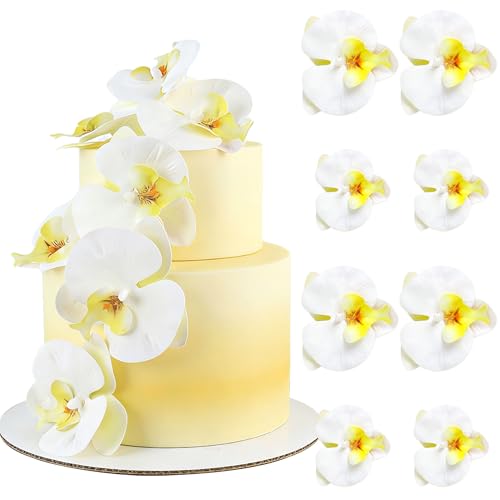 8PCS Artificial Phalaenopsis Cake Toppers Yellow White Butterfly Orchid 3D Flowers Cake Decorations for Floral Wedding Bridal Engagement Women Birthday Mother's Day Party Decoration Supplies - color: Yellow White