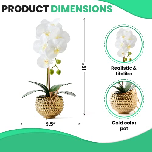 Orchids Artificial Flowers, 15" Faux Orchid in Gold Flower Pot Real Touch Flowers in Pot Large Flower Arrangements Artificial Centerpiece for Home Living Room Bathroom Kitchen Decoration (White) - color: White