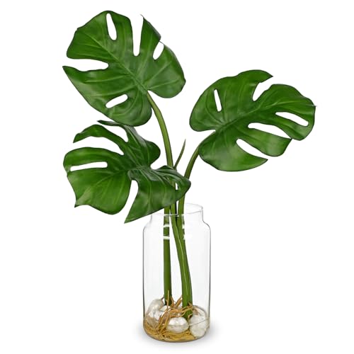 Oairse Artificial Monstera Leaves Plant in Glass Vase with Faux Water & Pebble - 16.5" Fake Tropical Plants Turtle-Back Plant Leaves Monstera Stem Greenery for Home Indoor Centerpiece Farmhouse Decor - color: Monstera