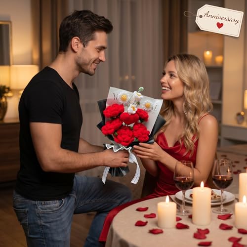 Completed Red Heart Crochet Flowers Bouquet, Handmade Knitted Bouquet for Valentine, Couple, Crochet Artificial Flowers of Rose as Gift for Mother, Friends, Daughter, Home Decor (Red Rose) - style: Red Rose with Heart