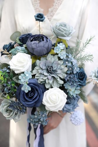 YYHUAWU Nude Artificial Flowers Combo Set Fake Flower Leaf Box with Stems for DIY Wedding Bouquets Centerpieces Flower Arrangements Decorations Baby Shower Party Home Decorations - color: Dusty Blue & Navy Blue