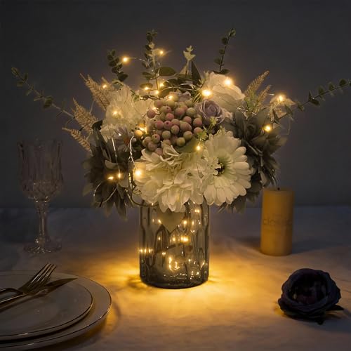 Fake Flowers in Vase, Dusty Blue Artificial Flowers Arrangement in Vase, Fake Floral Table Centerpieces for Kitchen Farmhouse Coffee Table Living Room Cemetery Gravesites Decor - color: Dark Blu Wht
