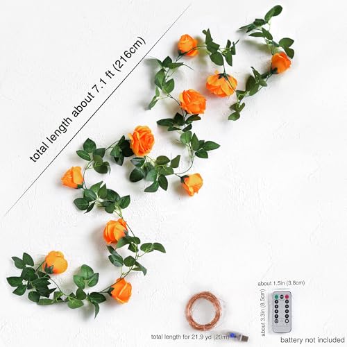 FiveSeasonStuff 29 Ft 4 Pack Mandarin Orange Rose Silk Flower Garland Artificial Flowers Decoration Hanging Floral with 66 feet String Lights - color: Mandarin Orange With String Lights