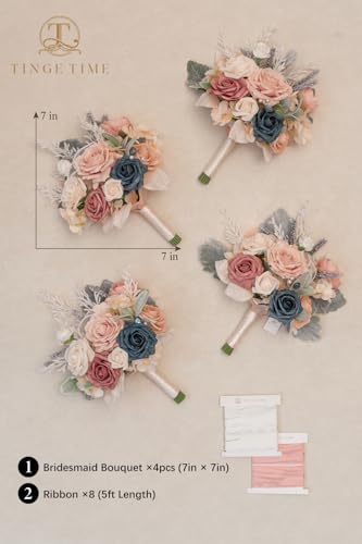 TINGE TIME 7 Inch Artificial Flowers Wedding Bouquets for Bridesmaid, Set of 4, DustyRose & NavyBlue Bride Tossing Bouquet for Rustic Wedding Ceremony Bridal Shower Rehearsal Dinner Vintage Party - color: Dusty Rose & Navy Blue 2