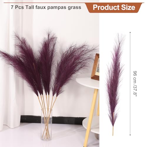 PATIKIL 37.8in Tall Pampas Grass Decor, 7pcs Large Artificial Pampas Grass Bulk Long Fluffy Faux Pampas Grass Dried for Home Boho Decor Vase Wedding Wall Ground, Dark Purple - color: Dark Purple