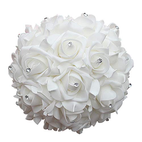 MOJUN Wedding Bouquets Crystal PE Roses Bridal Bridesmaid Wedding Hand Holding Bouquet Artificial Fake Flowers Toss Bouquet, Silver - color: Silver