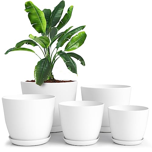 Utopia Home Plant Pots Indoor with Drainage Holes – Set of 5 White Plastic Flower Pots (7/6.6/6/5.3/4.8 Inch) – Modern Planters for Indoor Plants, Room & Office Décor, Great Stocking Stuffers - color: White, size: Pack of 5
