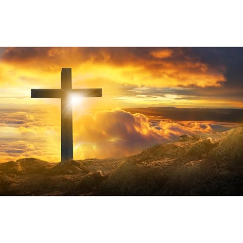 Jesus Christ Cross Backdrop Mountain Crosses Sunrise Sunset Background Crucifixion Church Event Background Decorations Sepulcher Lord Pray Christian Backdrop Easter Religious Belief Props 5x3ft - color: Orange_Grey, size: 5x3ft